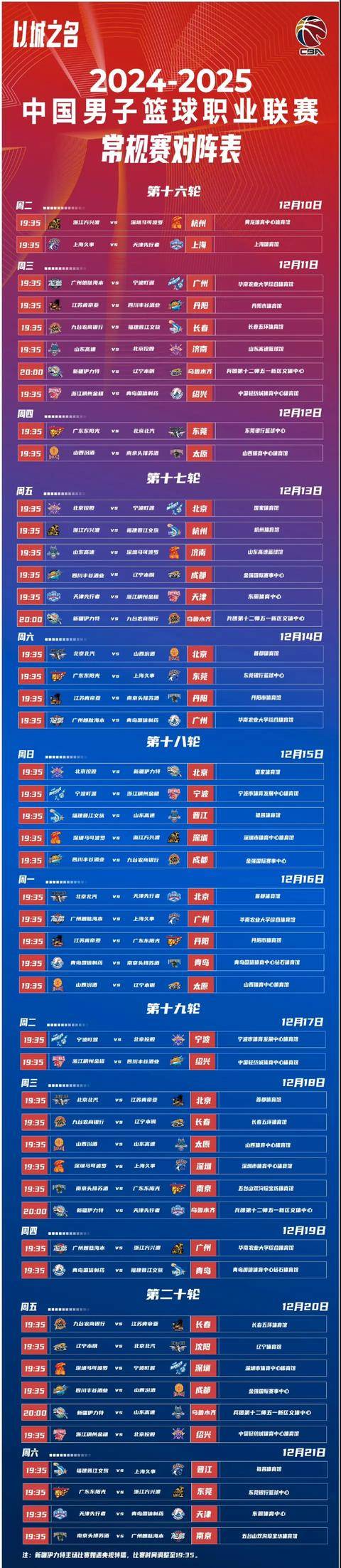 CBA赛程公布，焦点大战一触即发